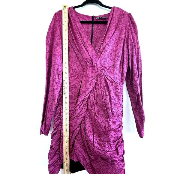 Zara Women Ruched Satin Effect Print Wrap Dress Fuchsia Pink Size M - Picture 2 of 8